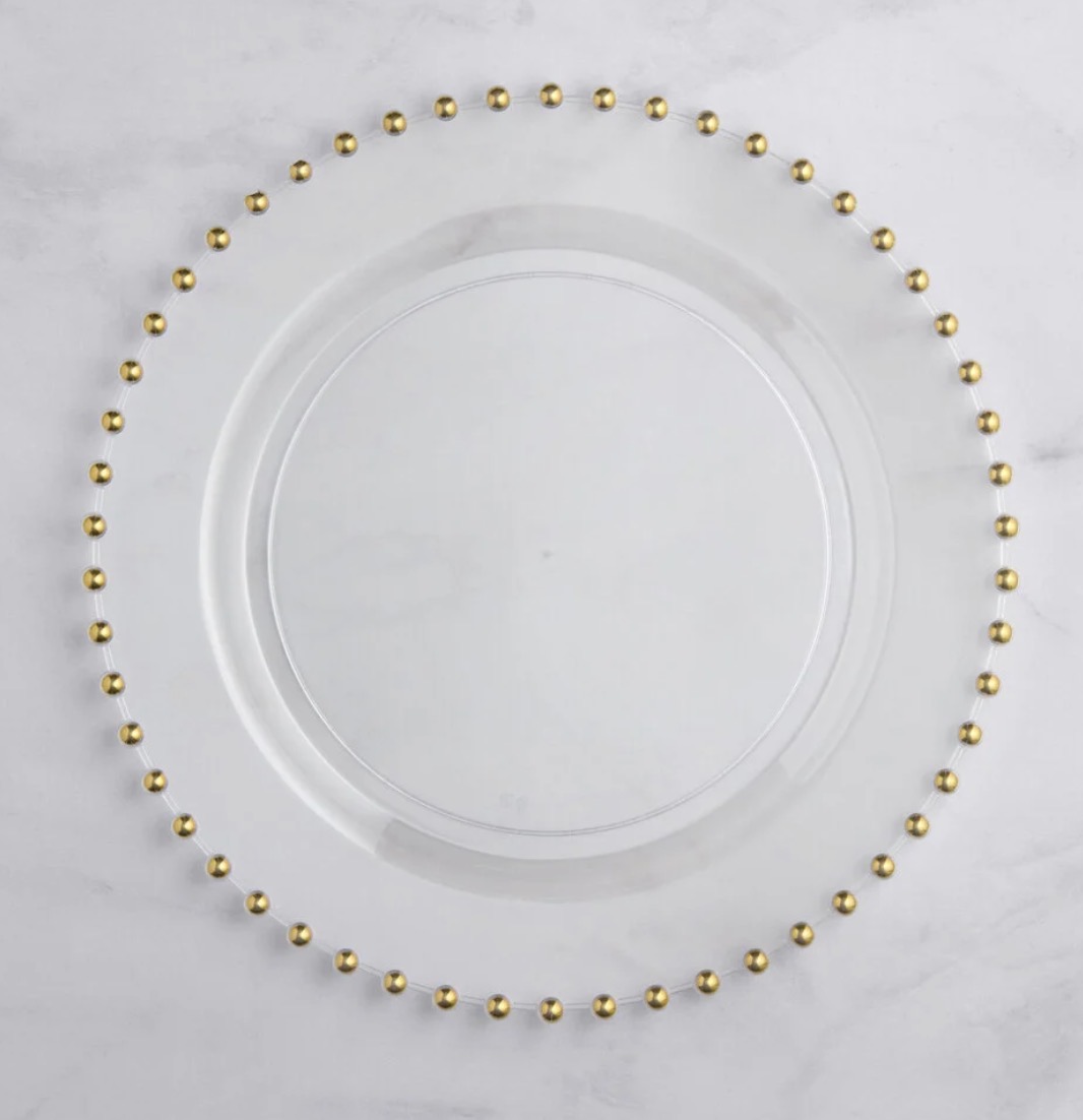 Clear charger plate with gold beads