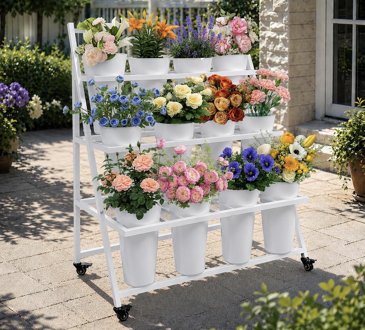 White flower cart shown with flowers